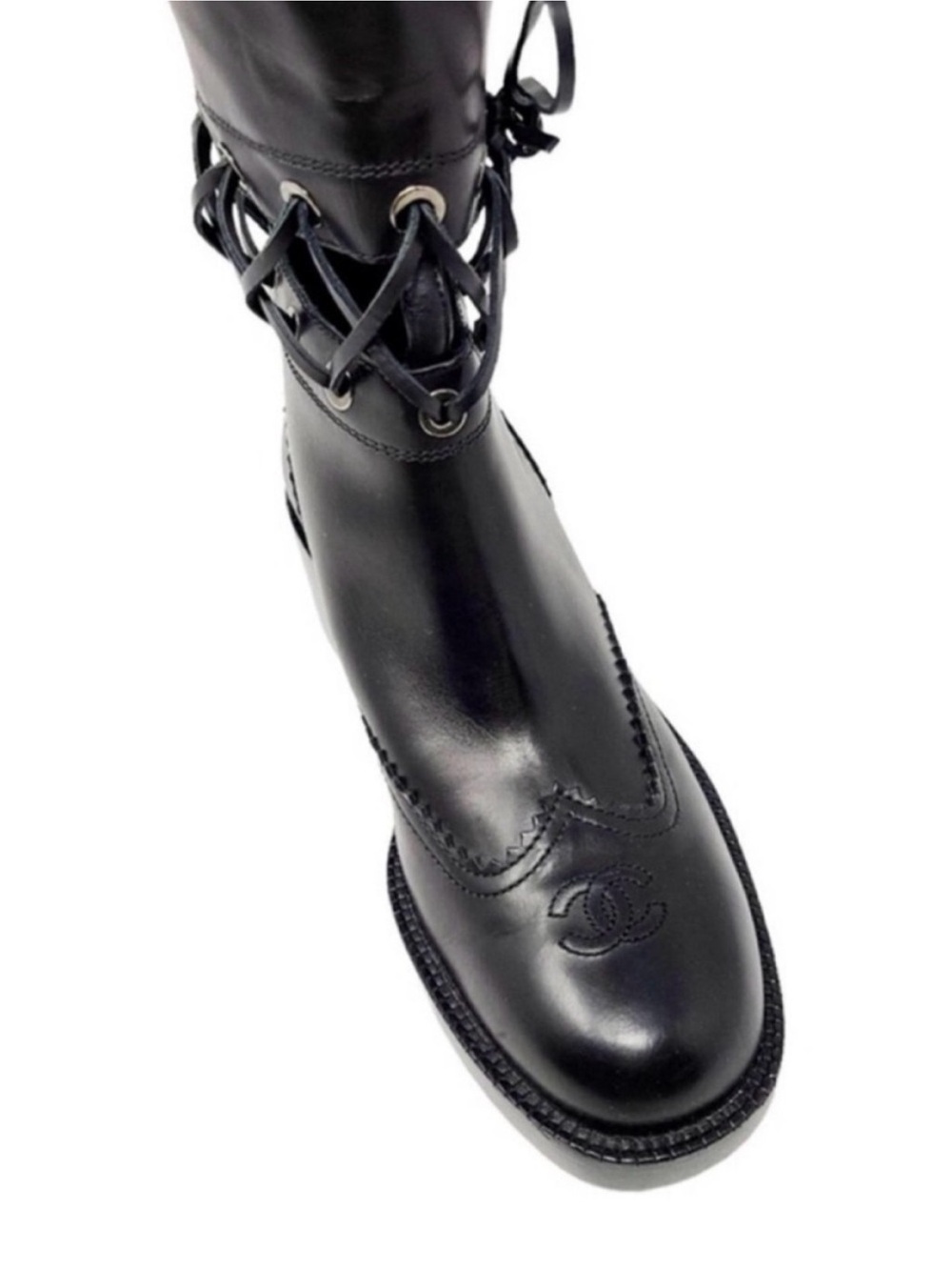 CHANEL Lagerfeld Fall 2016 Black Leather Knee High Laced Equestrian Riding Boot - Picture 7 of 14